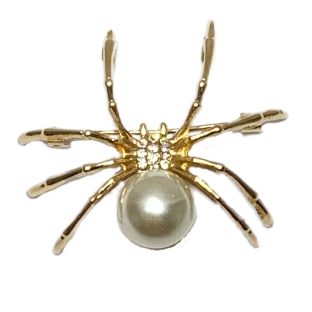 Gold Spider Brooch Faux Pearl Rhinestone Halloween Gothic Pin - Picture 2 of 7